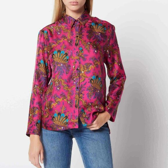 SANDRO Printed Silk-Twill Shirt Size US M Pink Purple - Picture 1 of 14